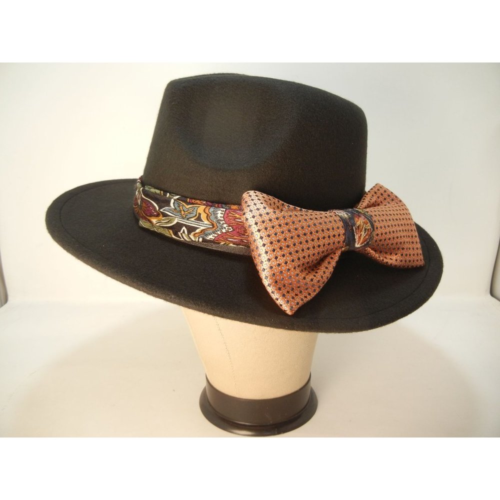 Boho Fedora woman's fancy big bow hat, Black fedora with tan and blue hatband ha